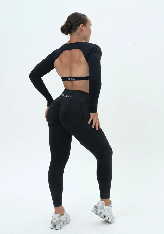 DAVOMI Scrunch Open Back Longsleeve - Deep Black