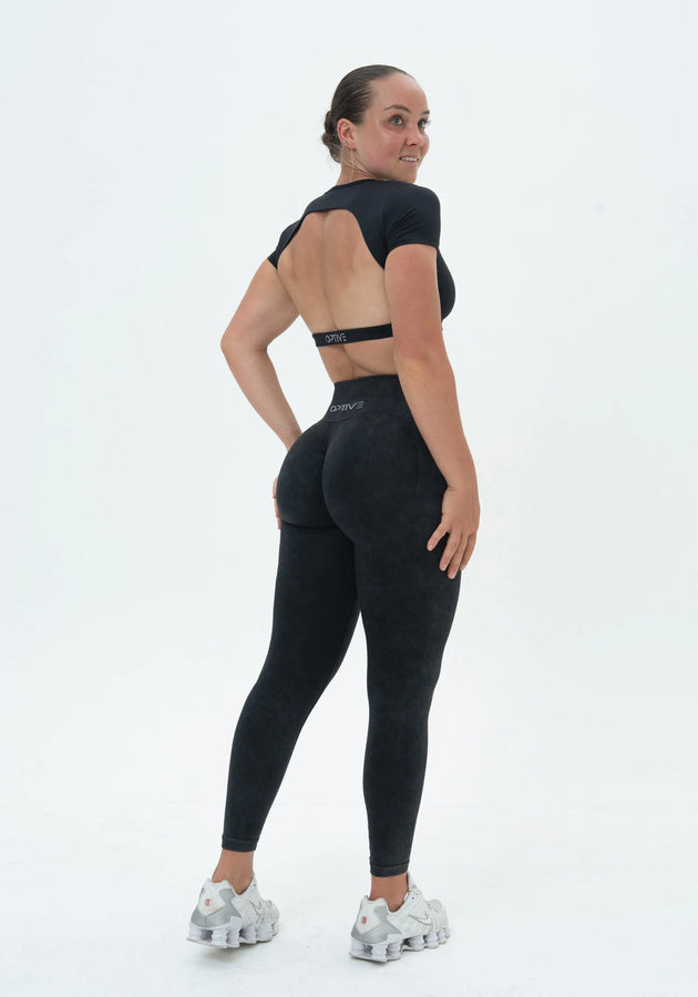 DAVOMI Scrunch Open Back T-Shirt - Deep Black