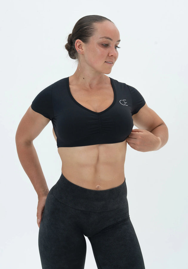 DAVOMI Scrunch Open Back T-Shirt - Deep Black