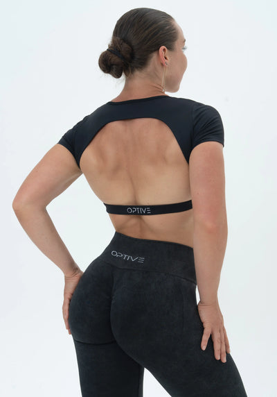 DAVOMI Scrunch Open Back T-Shirt - Deep Black